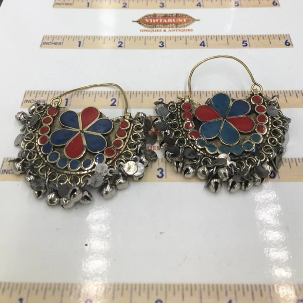 Red & Blue Kuchi Bali Earrings: Ethnic Silver Bell Hoop Earrings